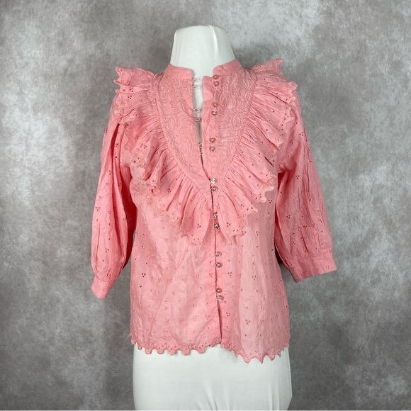 BYTIMO Broderie Ruffle Trim Eyelet Lace Anglaise Shirt In Pink Women's Size S - Picture 3 of 11